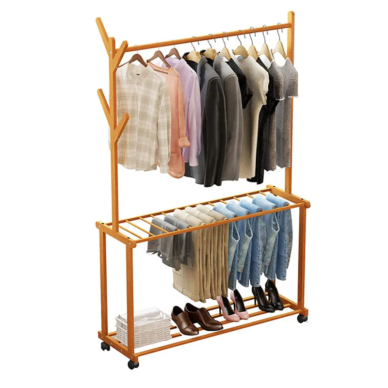 Двухслойная стойка для хранения с тяжелым натяжным вытягивающим стержнем тип одежды для подвесного шкафу бамбук
